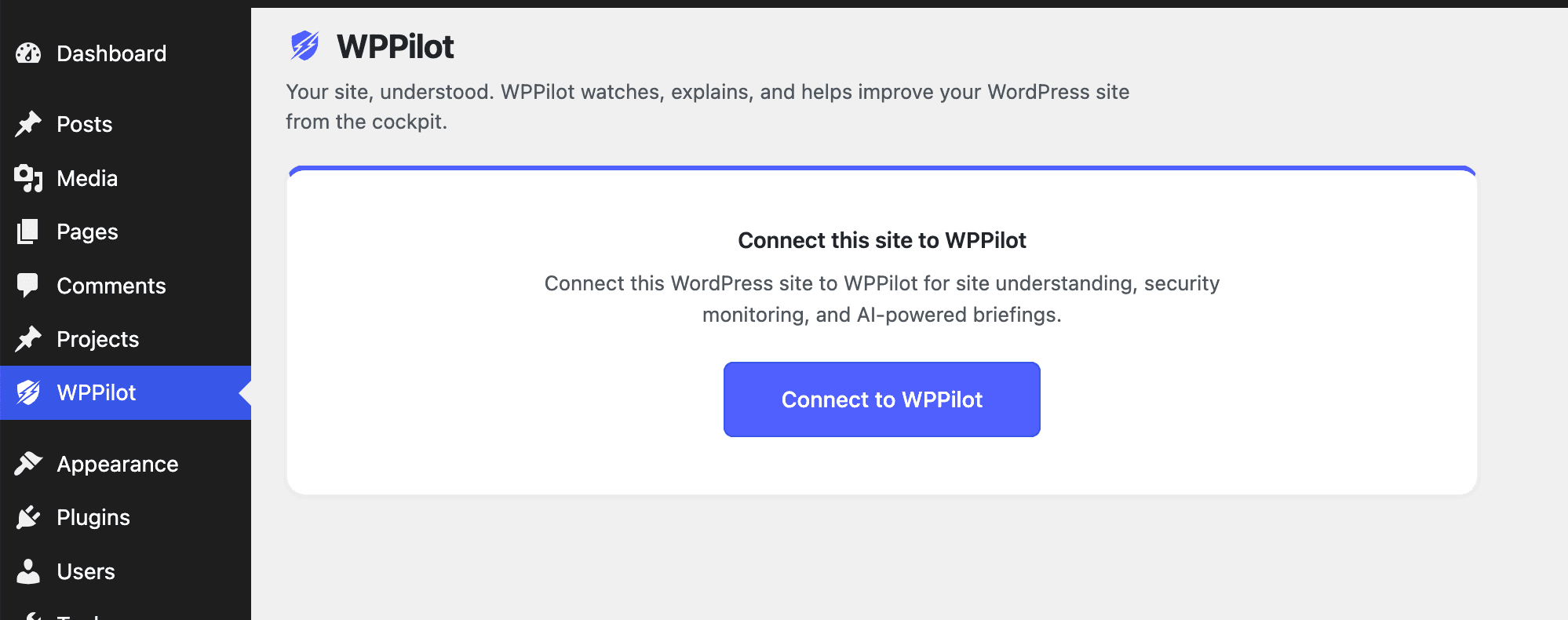 WPPilot Connect screen in the WordPress admin